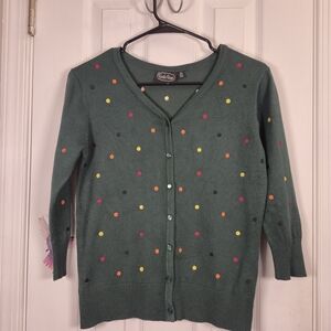 Voodoo Vixen Green Polka Dot Cardigan Retro Rockabilly V-Neck Knit Sweater M